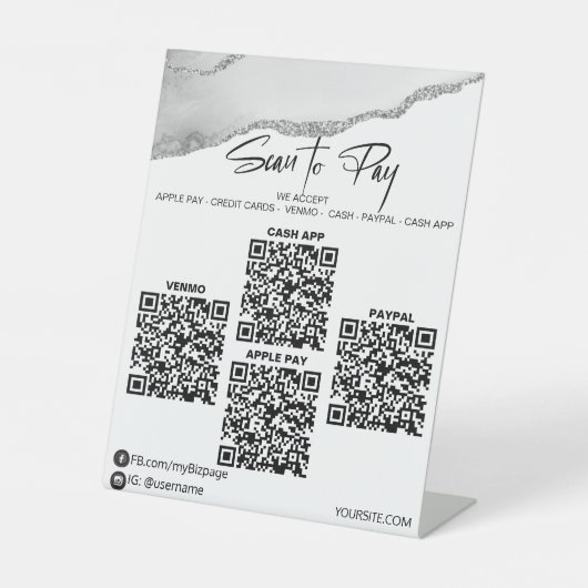 *~*卓上4 QR支払いテーブルテントシルバー瑪瑙 台座サイン (正面)