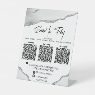 *~*卓上QR 3支払いテーブルテントシルバー瑪瑙 台座サイン