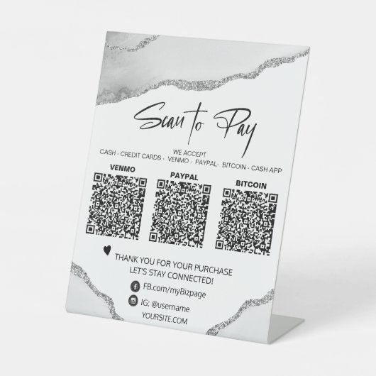 *~*卓上QR 3支払いテーブルテントシルバー瑪瑙 台座サイン (正面)