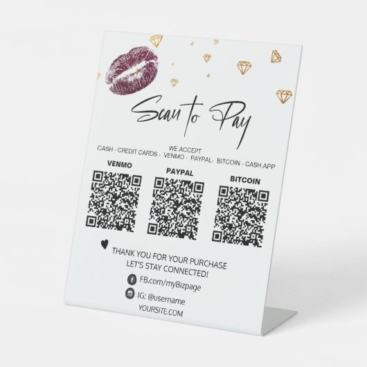 *~*卓上QR 3支払いテーブルテントダイヤモンドリップ 台座サイン (正面)