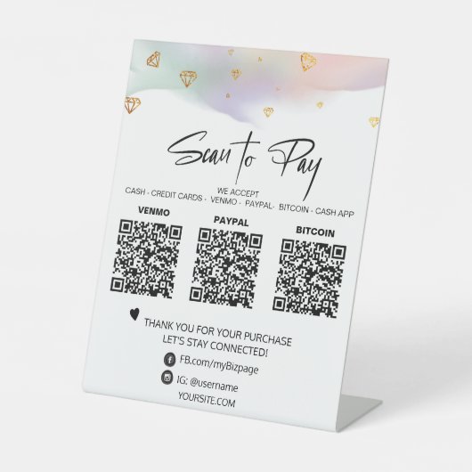 *~*卓上QR 3支払いテーブルテントダイヤモンド 台座サイン (正面)