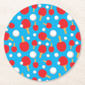 卓球のこうもりとボールパターン青 ラウンドペーパーコースター (正面)