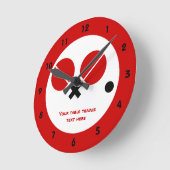 卓球ピンポンのラケットとボールブラック、赤 ラウンド壁時計 (傾斜)