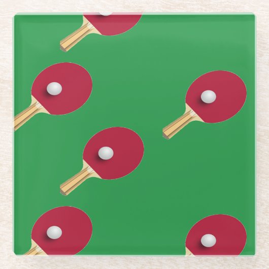 卓球ラケットとボールをグリーンに ガラスコースター (正面)