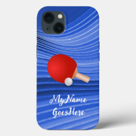 卓球 カラフルなブルー背景 パドルとボール iPhone 13ケース