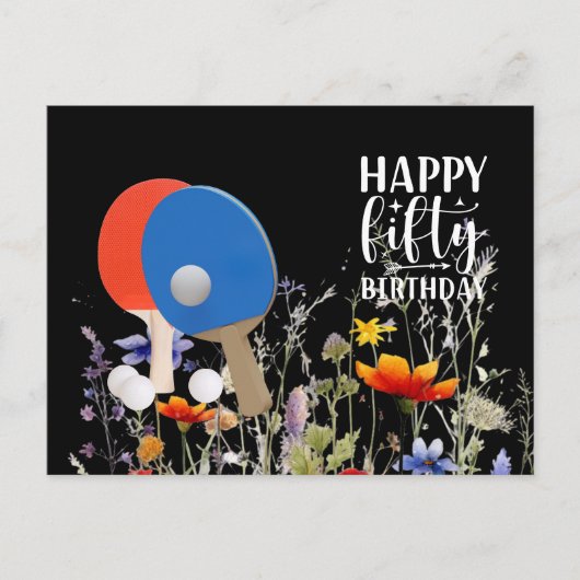 卓球 50歳の誕生日 パドルと花 ポストカード (正面)