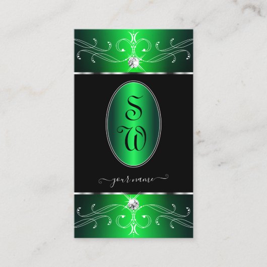 卓越した黒の緑の華美オーナメントモノグラム 名刺 (正面)