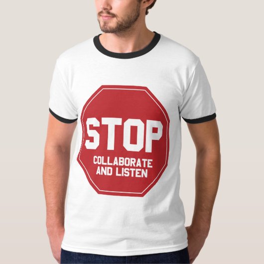 協力し、聞くためにストップ Tシャツ (正面)