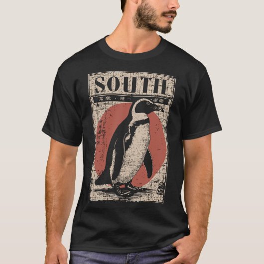 南の太陽と氷の地図を持つペンギン Tシャツ (正面)