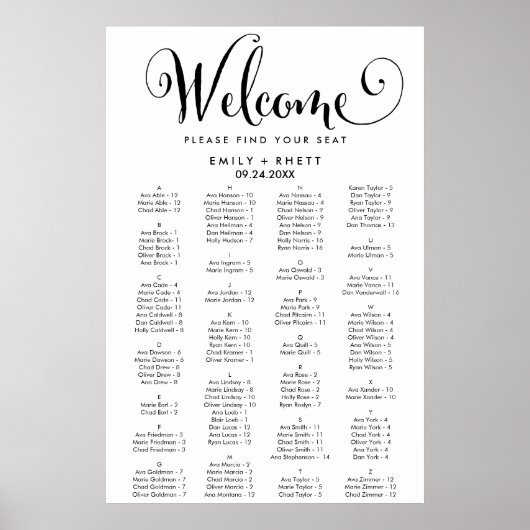 南の書道のアルファベットの座席表 ポスター (正面)