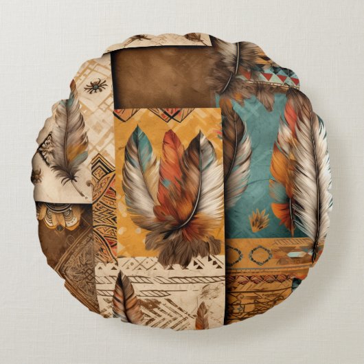 南アステカ西部部族の羽毛 ラウンドクッション (正面)