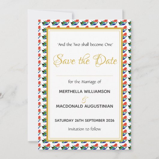 南アフリカのクリスチャン式結婚式の祝典 セーブザデート (正面)