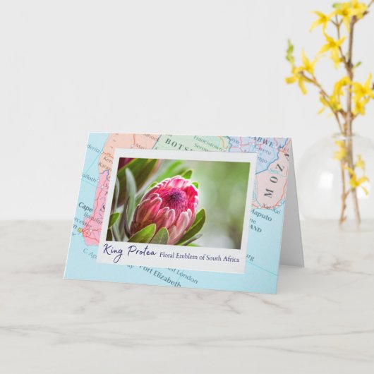 南アフリカのピンクキングプロテアフローラエンブレム カード (黄色い花)