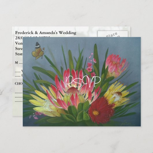 南アフリカのプロテアスウェディングRSVP写真 インビテーションポストカード (正面/裏面)