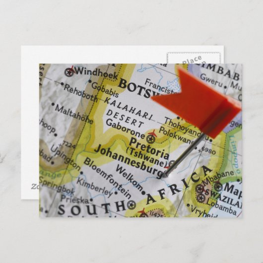 南アフリカのヨハネスバーグに置かれた地図のピン ポストカード (正面/裏面)