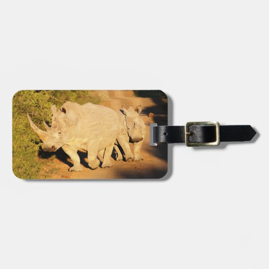 南アフリカ共和国の母および子牛の白いサイ ラゲッジタグ (正面横)