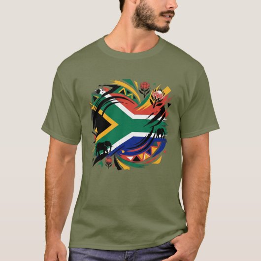 南アフリカ 国旗 ブラシ ストローク 野生動物 Tシャツ (正面)
