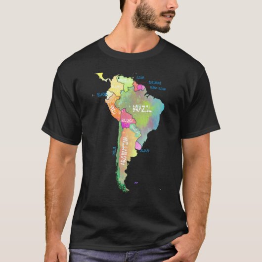 南アメリカの水彩地図ブラジル・アルゼンチン Tシャツ (正面)