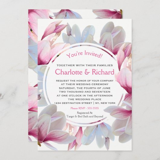 南ピンクのマグノリア結婚の花 招待状 (正面/裏面)
