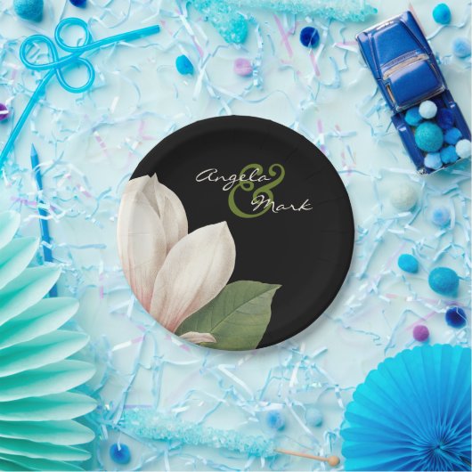 南マグノリア結婚の花 |黒エレガント色 ペーパープレート (パーティー)