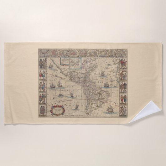 南北アメリカの初期地図（北・南アメリカ） ビーチタオル (正面)