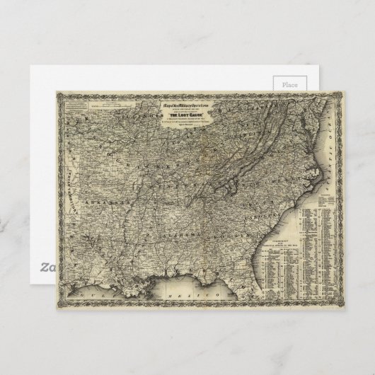 南北戦争軍隊作戦が原因を地図に失った示す ポストカード (正面/裏面)
