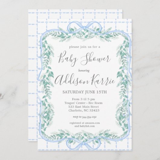 南名門私立校風のの赤ん坊のシャワー、ブルーボウ赤ん坊のシャワー、 招待状 (正面/裏面)