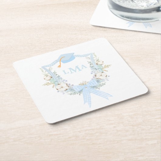 南名門私立校風のギンガムモノグラム卒業 スクエアペーパーコースター (アングル)