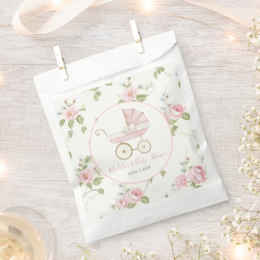 南名門私立校風のピンクの女の子のフローラ赤ちゃんシャワー フェイバーバッグ (クリップ留めされた状態)