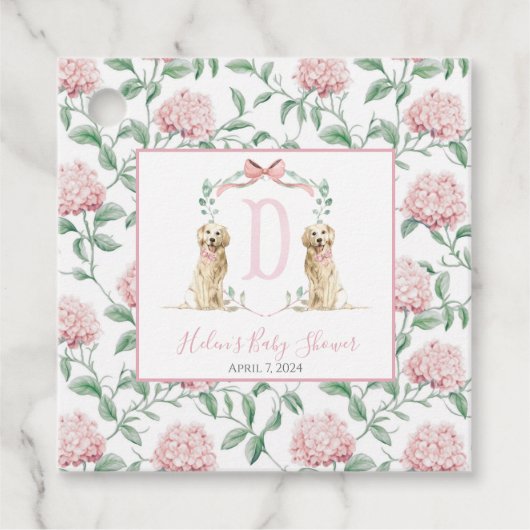 南名門私立校風のピンクの女の子の犬の赤ちゃんシャワー フェイバータグ (正面)