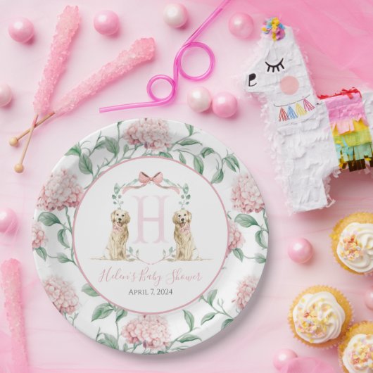 南名門私立校風のピンクの女の子の犬の赤ちゃんシャワー ペーパープレート (パーティー)
