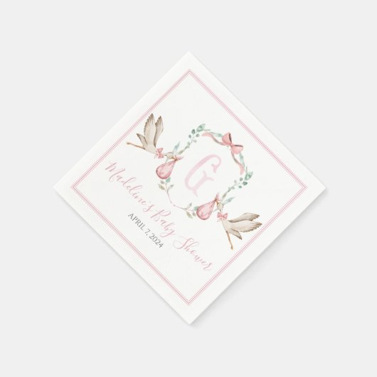 南名門私立校風のピンクの女の子ストークベイビーシャワー スタンダードカクテルナプキン (角)