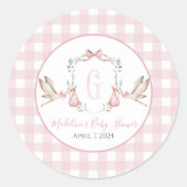 南名門私立校風のピンクの女の子ストークベイビーシャワー ラウンドシール (正面)