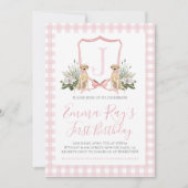 南名門私立校風のピンクガールドッグファースト誕生日 招待状 (正面)