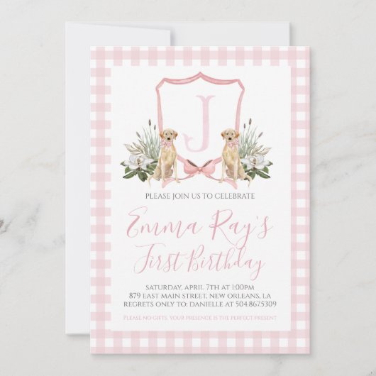 南名門私立校風のピンクガールドッグファースト誕生日 招待状 (正面)