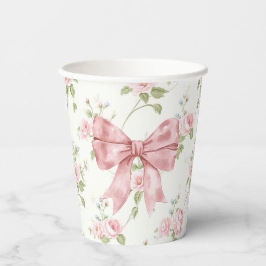 南名門私立校風のピンク弓赤ちゃんシャワー 紙コップ (裏面)