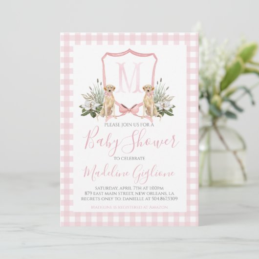 南名門私立校風のピンク犬ガールベビーシャワー 招待状 (スタンド正面)