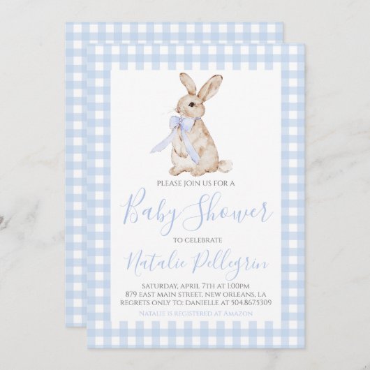 南名門私立校風のブルーギンガムバニーベビーシャワー 招待状 (正面/裏面)
