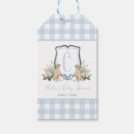 南名門私立校風のブルーボーイドッグベイビーシャワーギフトラベル ギフトタグ (正面)