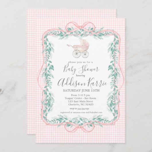 南名門私立校風のベビーキャリッジ赤ちゃんシャワー招待状 招待状 (正面/裏面)