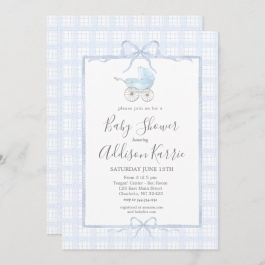 南名門私立校風のベビーキャリッジ赤ちゃんシャワー招待状 招待状 (正面/裏面)