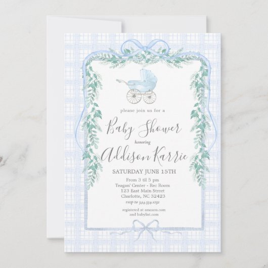 南名門私立校風のベビーキャリッジ赤ちゃんシャワー招待状 招待状 (正面)