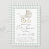 南名門私立校風の緑の男の子のキャリッジ赤ちゃんシャワー 招待状 (正面/裏面)