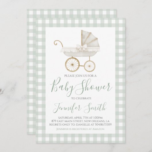 南名門私立校風の緑の男の子のキャリッジ赤ちゃんシャワー 招待状 (正面/裏面)