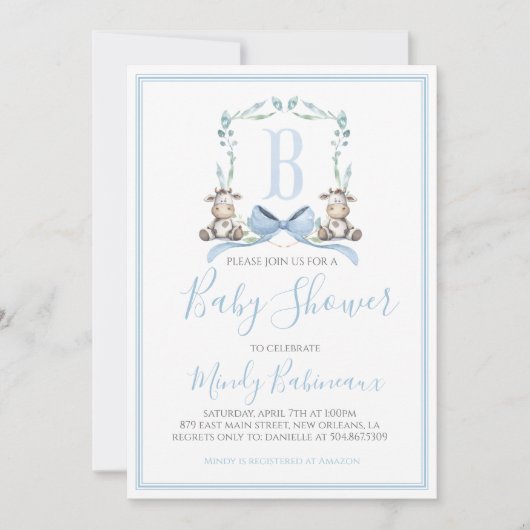 南名門私立校風の青の男の子の牛の赤ちゃんシャワー 招待状 (正面)