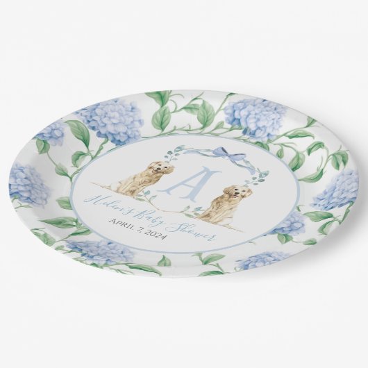 南名門私立校風の青の男の子の犬の赤ちゃんシャワー ペーパープレート (アングル)