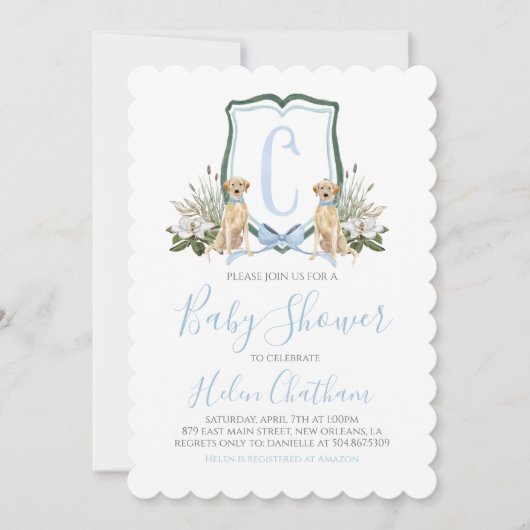 南名門私立校風の青の男の子の犬の赤ちゃんシャワー 招待状 (正面)