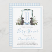 南名門私立校風の青の男の子の犬の赤ちゃんシャワー 招待状 (正面/裏面)