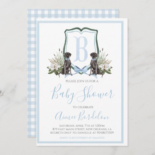 南名門私立校風の青の男の子の犬の赤ちゃんシャワー 招待状 (正面/裏面)