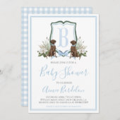 南名門私立校風の青の男の子の犬の赤ちゃんシャワー 招待状 (正面/裏面)